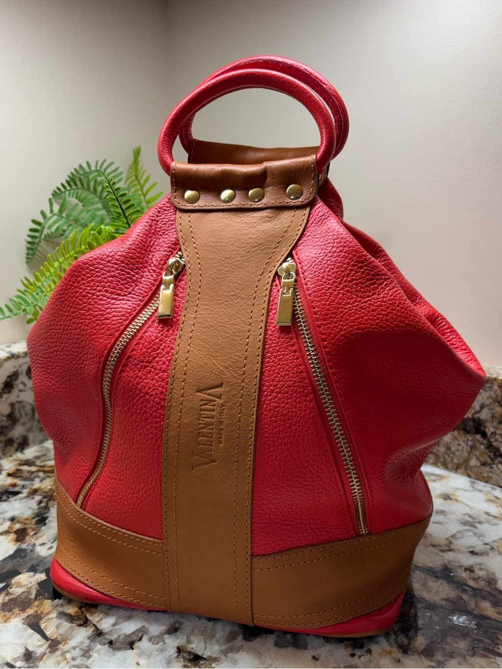 Valentina Coral Orange and Tan Leather Tote with Gold Hardware